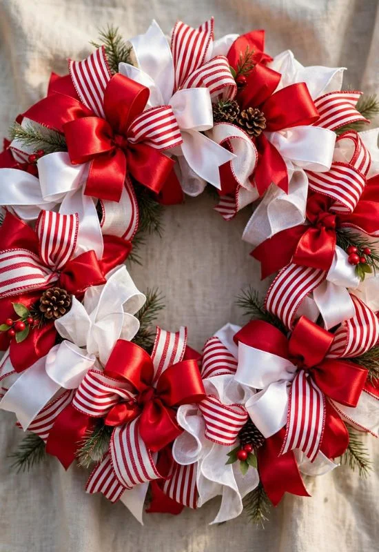 Red and White Ribbon Wreath